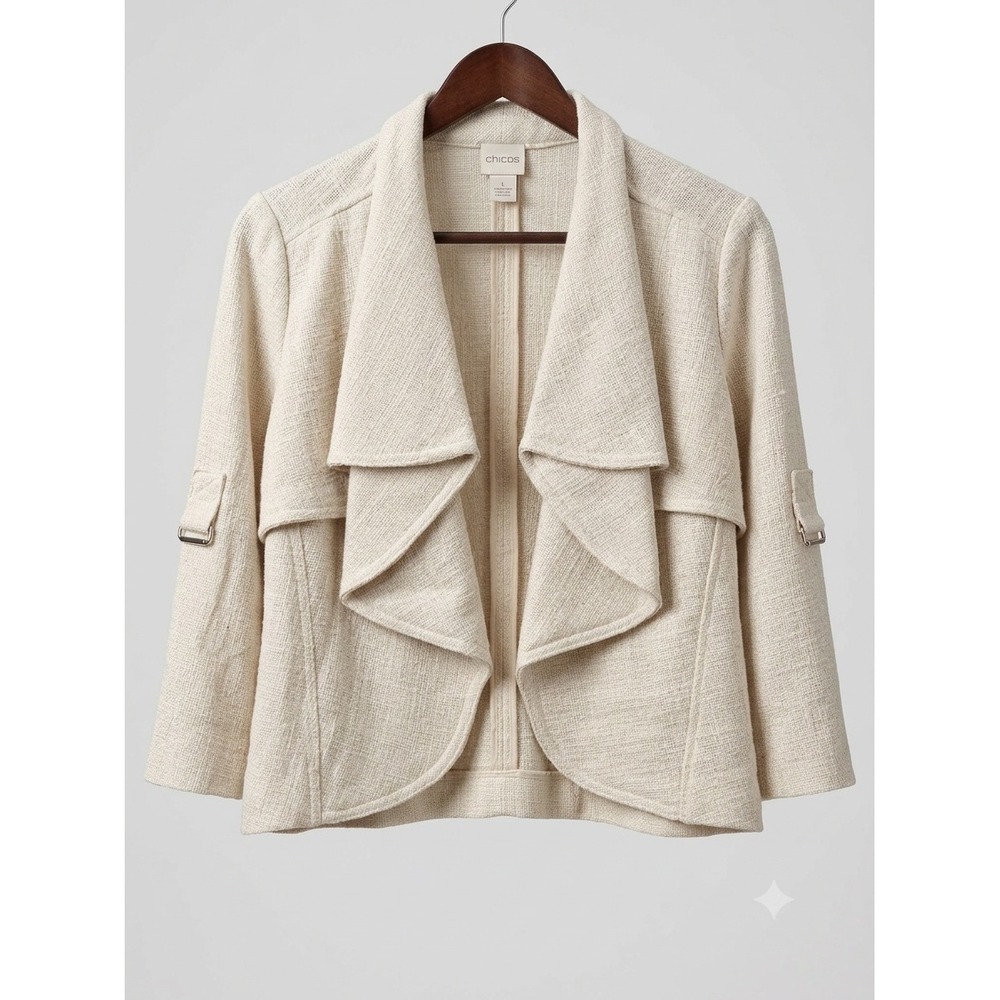 Chicos Cream Textured Open Front Waterfall Lapel Jacket Size 1 Medium 8-10